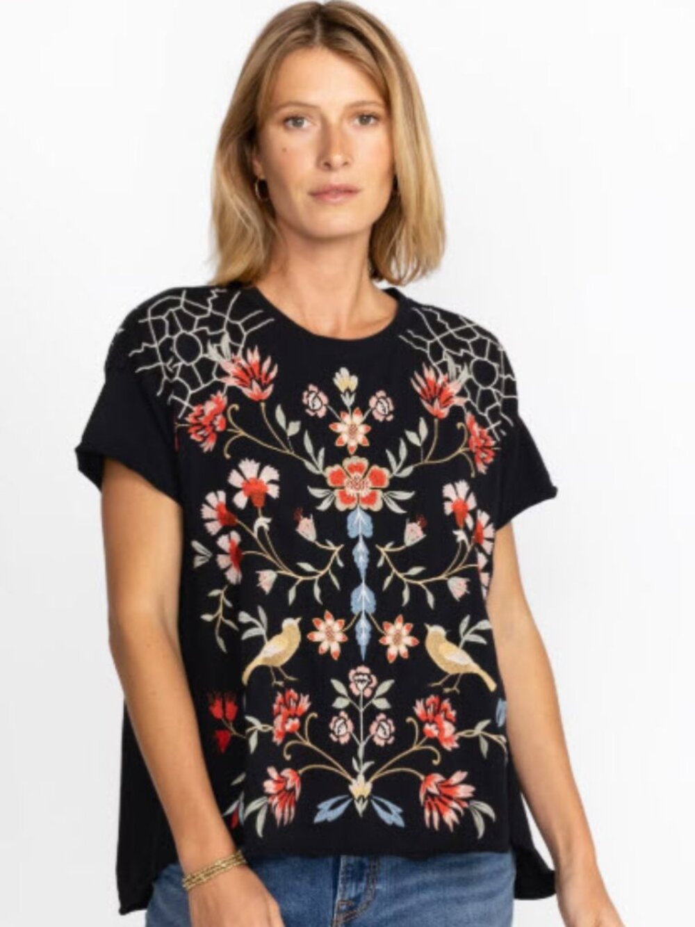 Johnny Was Clara Raw Detail Embroidered Floral & Bird Swing Tee.  NWT